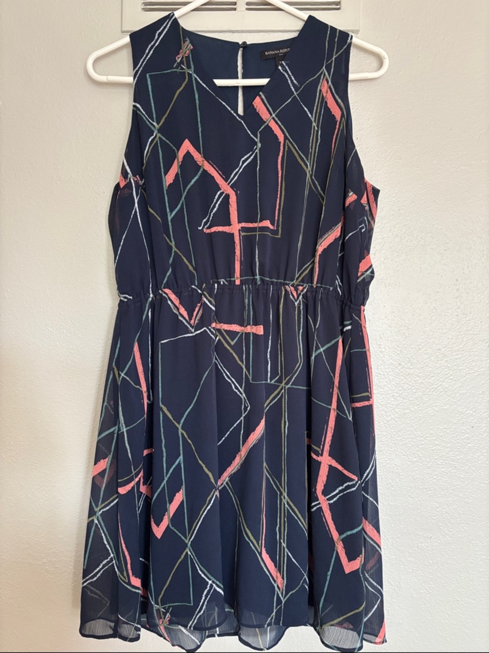 Banana Republic Navy Dress with Coral & Teal Geometric Lines